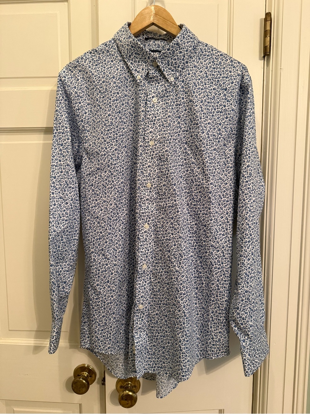 Lands' End White Shirt with Blue Micro Floral Print
